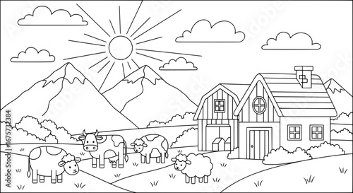 Farm landscape with cattle, mountains, and house with transparent background