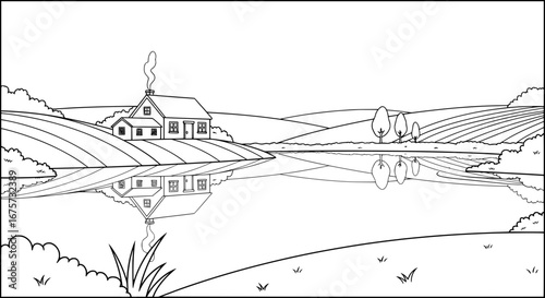 Landscape with house and trees with transparent background