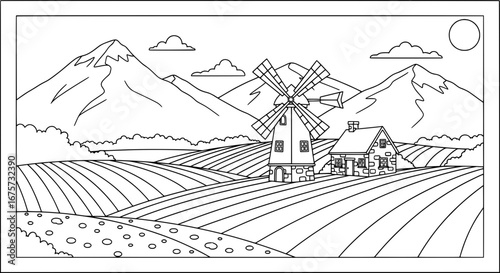 Scenic mountain landscape with windmill and fields with transparent background