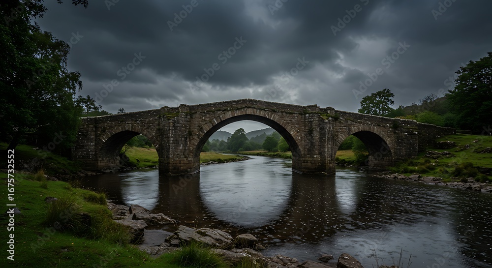 Fototapeta premium Stone bridge emerging during stormy evening, stone walls weathered