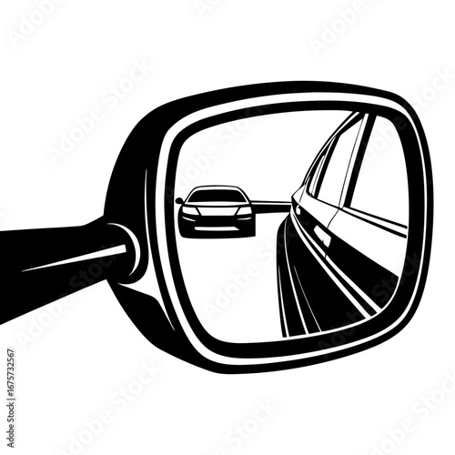 Black and white side-view car mirror reflecting vehicle behind, bold perspective illustration emphasizing observation