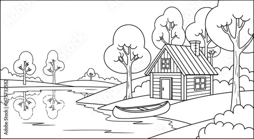 Scenic lakeside cabin with transparent background