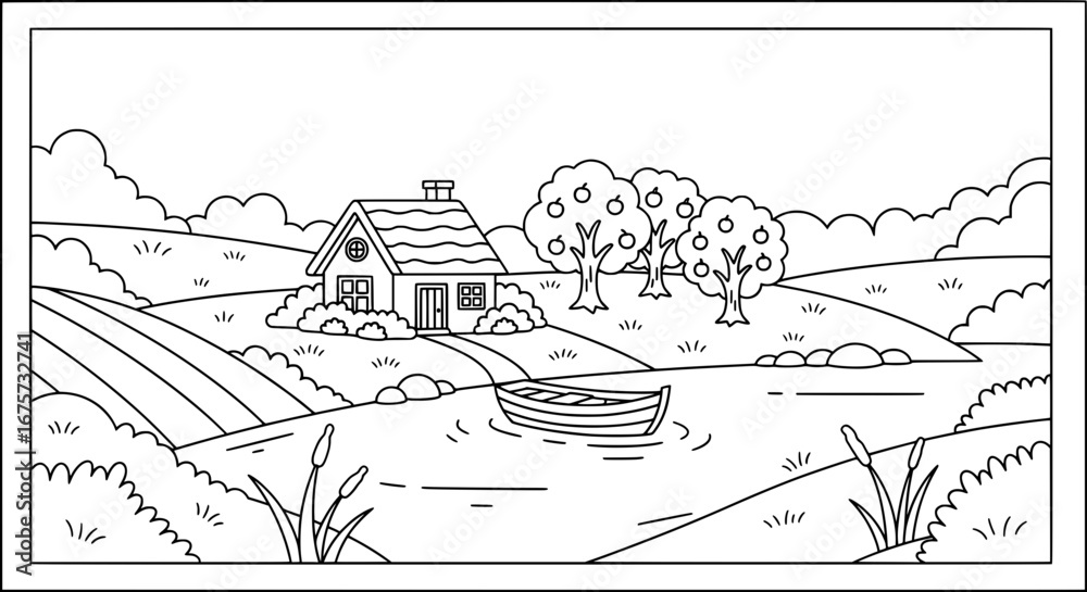 Fototapeta premium Scenic countryside landscape with trees and boat with transparent background