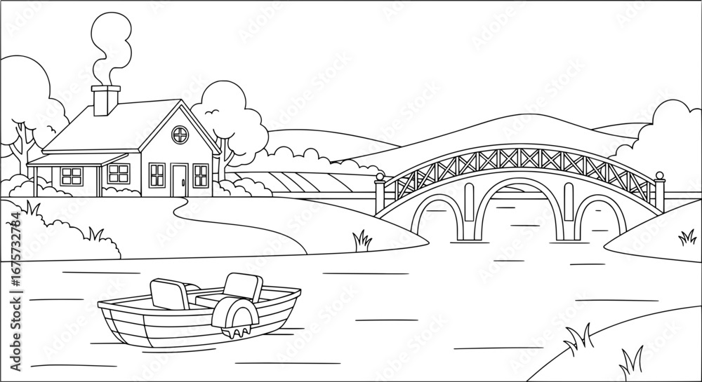 Fototapeta premium Scenic river landscape with bridge and house with transparent background