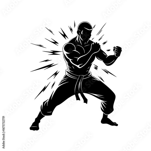 Martial artist in defensive stance, silhouetted against radiating background, embodying explosive energy and discipline