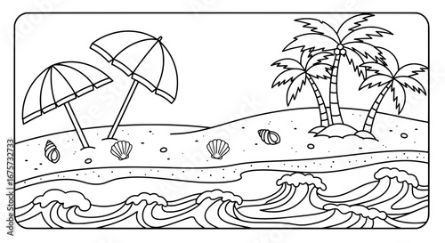 Beach scene with umbrellas and palm trees with transparent background