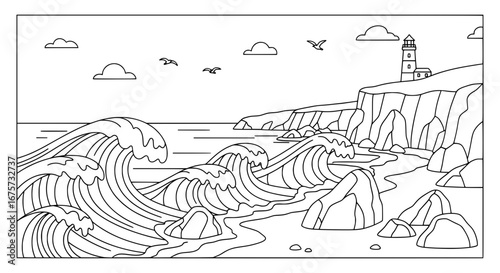 Seascape with cliffs lighthouse and waves with transparent background