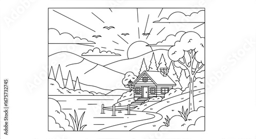 Landscape with cabin and trees with transparent background