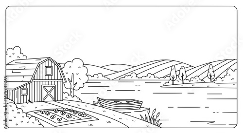 Scenic lakeside landscape with trees and boat with transparent background