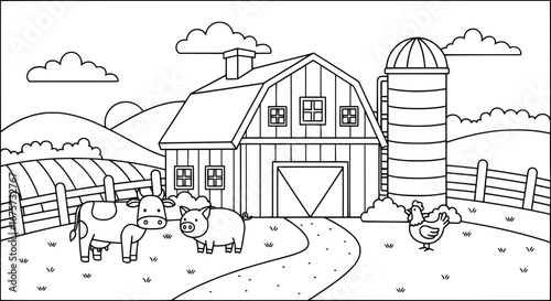 Farm scene with barn, animals, and silo with transparent background