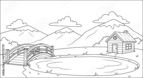 Mountain landscape with lake and cabin with transparent background