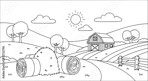 Country landscape with barn and hay bales with transparent background