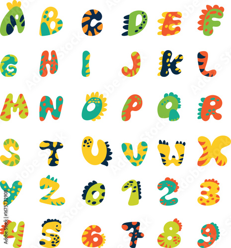 Colorful Dino Alphabet and Numbers Set. Fun and playful dinosaur themed alphabet and numbers in bright colors. Perfect for kids learning, posters, nursery decor, and educational design projects