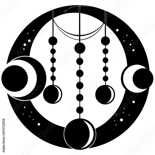 Celestial mobile illustration with crescent moon, lunar phases, and cosmic stars in balanced black and white design