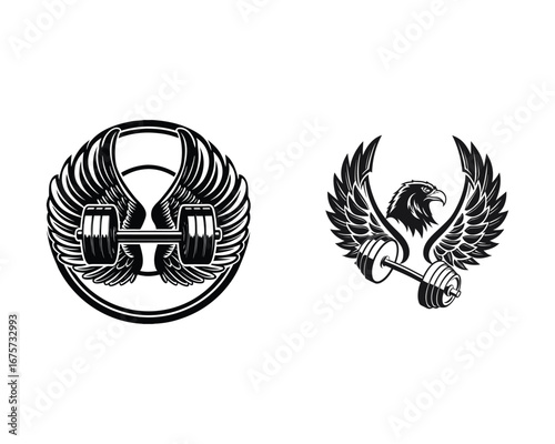 39 Black and white vector logo featuring eagle wings with a dumbbell. Perfect for gym branding, bodybuilding clubs, powerlifting logos, personal trainer designs, sports team emblems, workout apparel, 