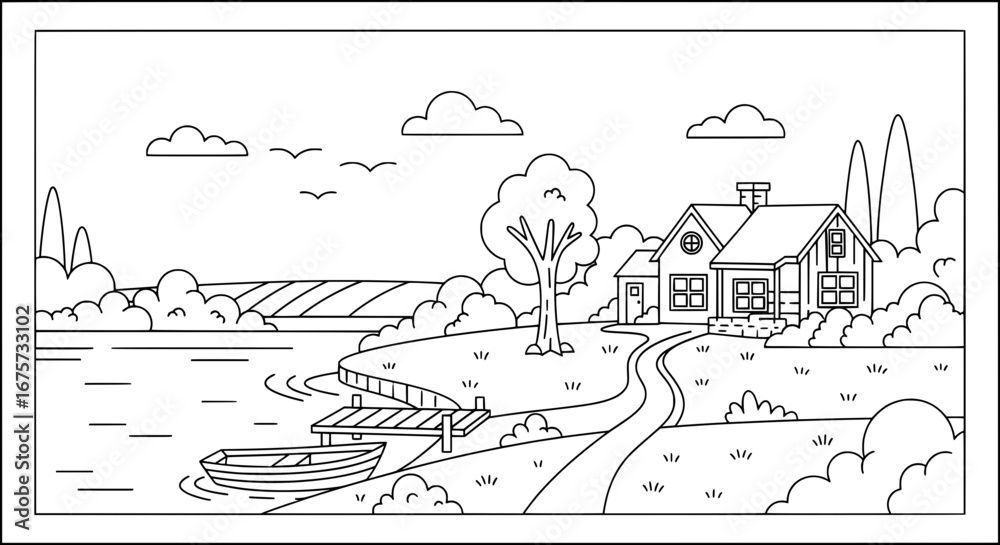 Obraz premium Scenic lakeside countryside with house and boat with transparent background