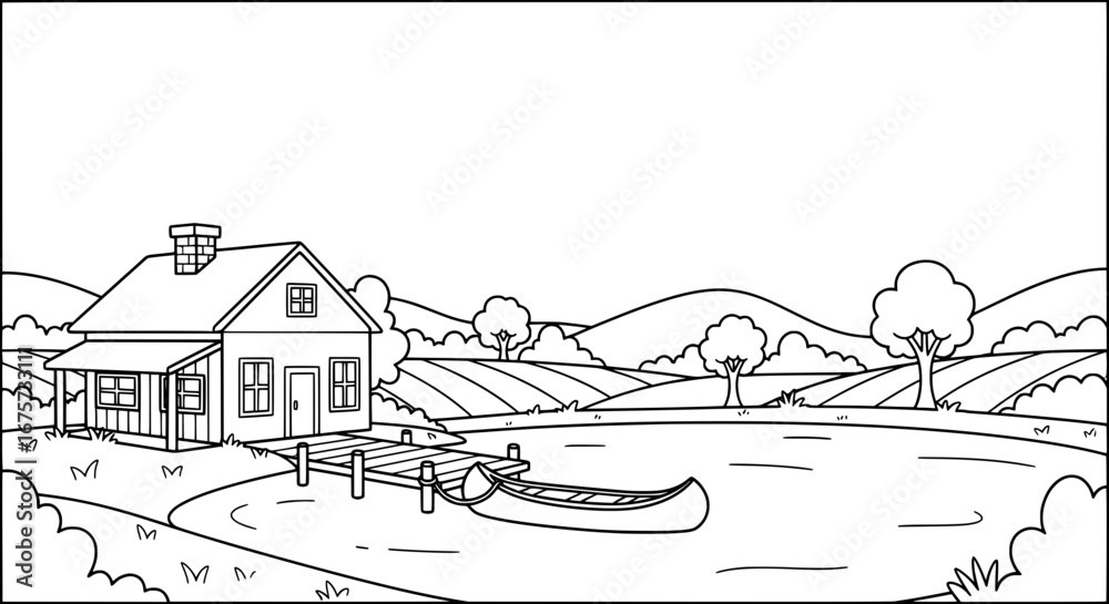 Obraz premium Countryside landscape with house and trees on rolling hills with transparent background