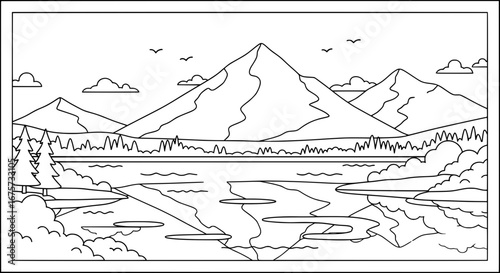 Mountain landscape with lake and forest with transparent background