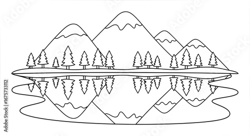Mountain landscape with trees and lake with transparent background