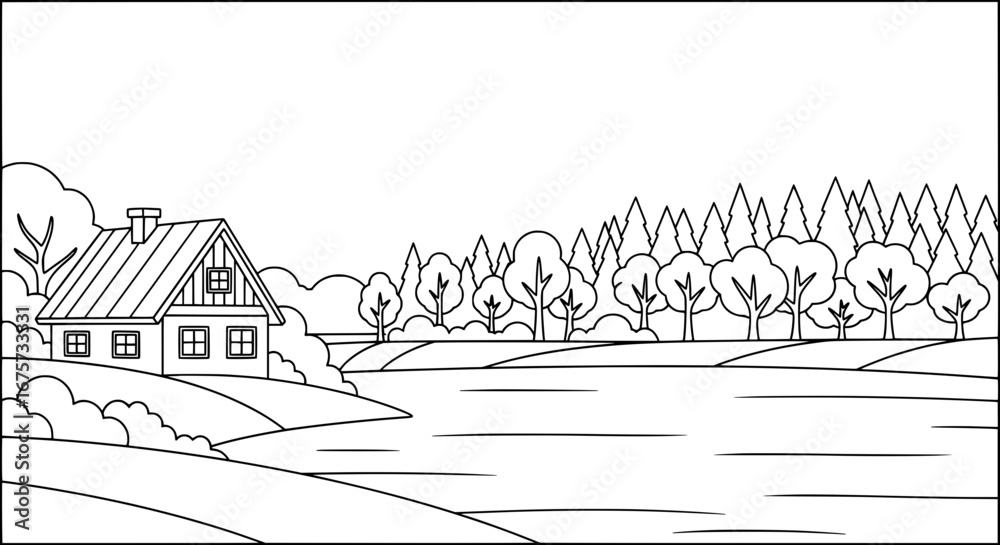 Obraz premium Rural landscape scene with trees and house with transparent background