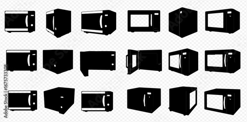 Collection of black silhouette microwave oven icons in various angles and perspectives.