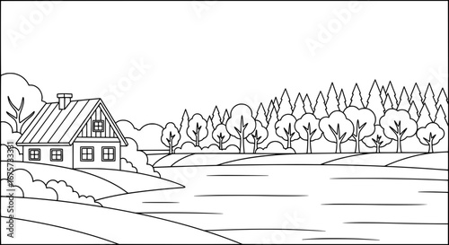 Rural landscape scene with trees and house with transparent background