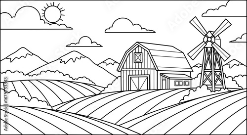 Rural landscape with barn and windmill with transparent background