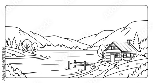 Scenic mountain landscape with lake and cabin with transparent background