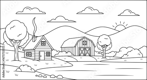 Farmhouse and barn with transparent background