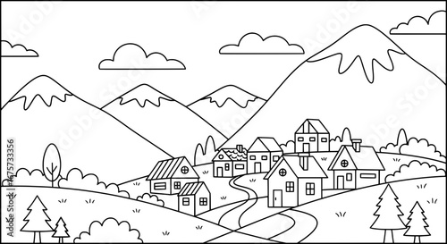 Mountain village scene with transparent background