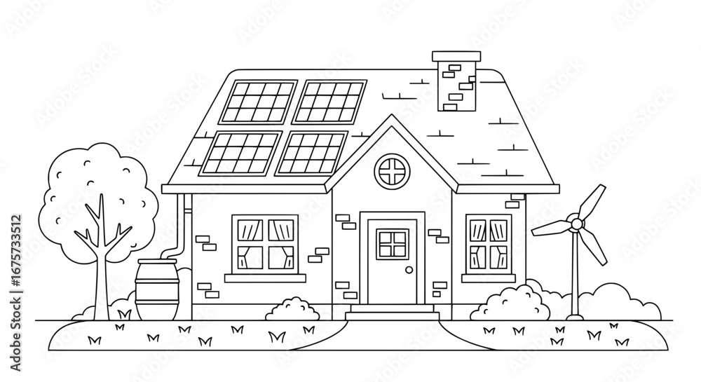 Obraz premium House with solar panels and wind turbine on transparent background