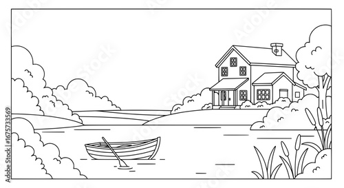 Rural landscape with lake and house with transparent background