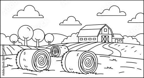Farm landscape with barn and hay bales with transparent background