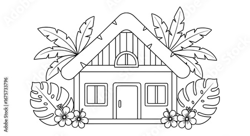House with tropical leaves and flowers with transparent background