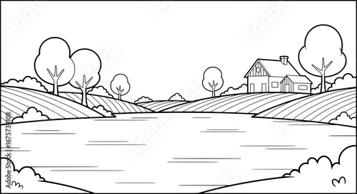 Landscape of farm fields with trees and house with transparent background