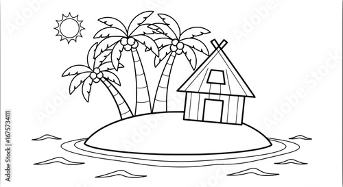 Tropical island with palm trees and hut with transparent background