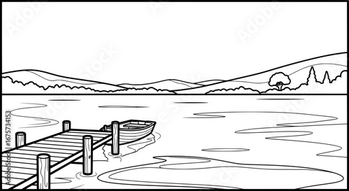 Scenic lake with dock and mountains in the background with transparent background