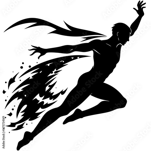 Stylized silhouette of leaping figure with flame-like energy trails, symbolizing speed, momentum and heroic action