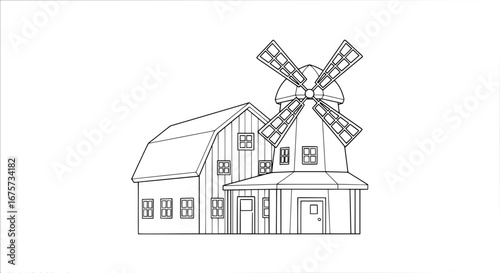 Windmill and house silhouette with transparent background