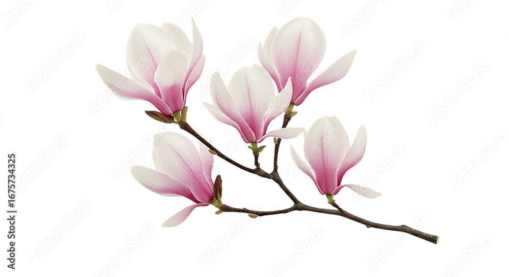 Elegant Branch of Pink and White Magnolia Flowers on a Transparent Background Elegant Branch of Pink and White Magnolia Flowers on a Transparent Background