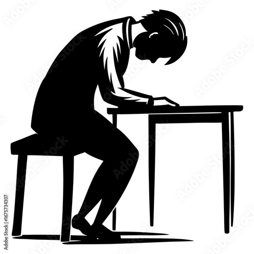 Stark silhouette of hunched figure at table in woodcut style, symbolizing concentration, despair and introspection