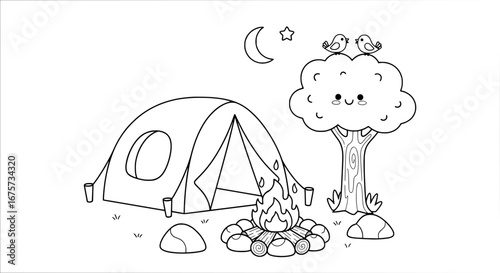 Campground scene with tent trees moon stars and birds with transparent background