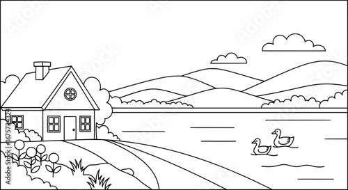 Serene lakeside landscape with house and ducks with transparent background