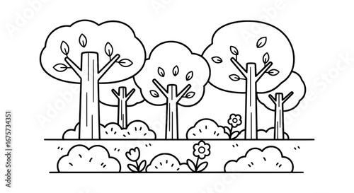 Line art of trees and flowers with transparent background