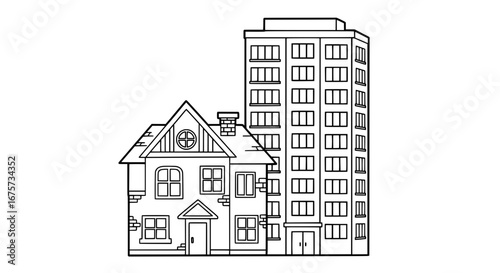 Line art of house and apartment building with transparent background