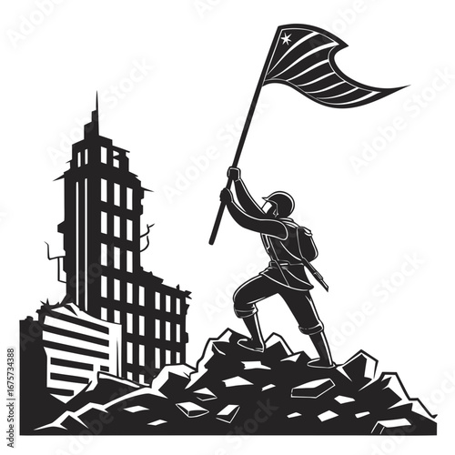 A soldier raises a flag on the ruins of a city