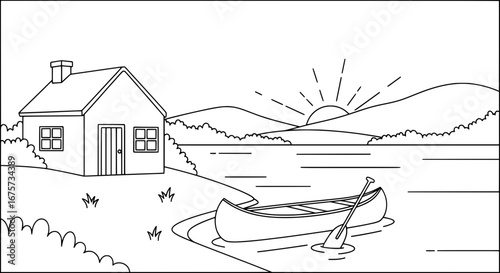 House by lake with sunrise and boat with transparent background