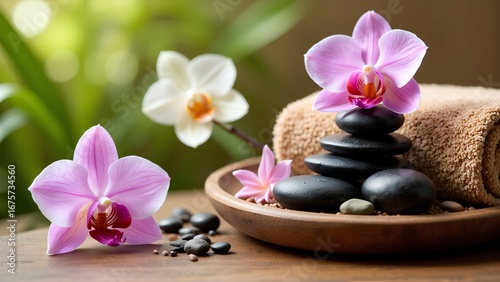 A serene arrangement featuring pink orchids, smooth stones, and a towel, creating a tranquil spa-like atmosphere.