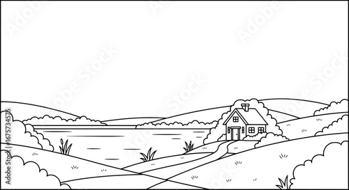 Scenic landscape with house and hills with transparent background