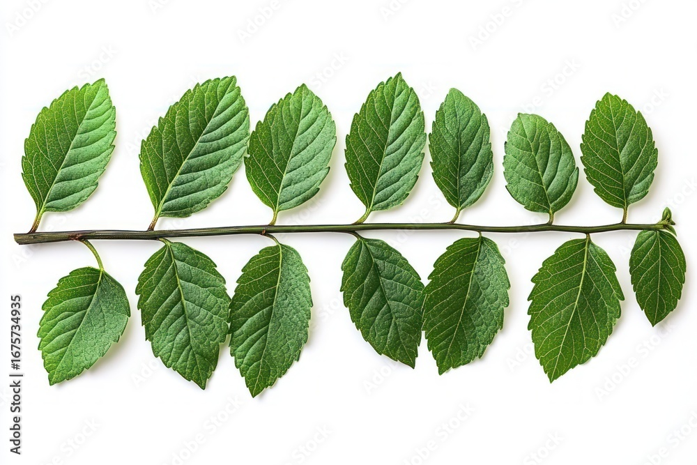 Obraz premium Close-up of a horizontal branch with pairs of vibrant green serrated leaves against a white background